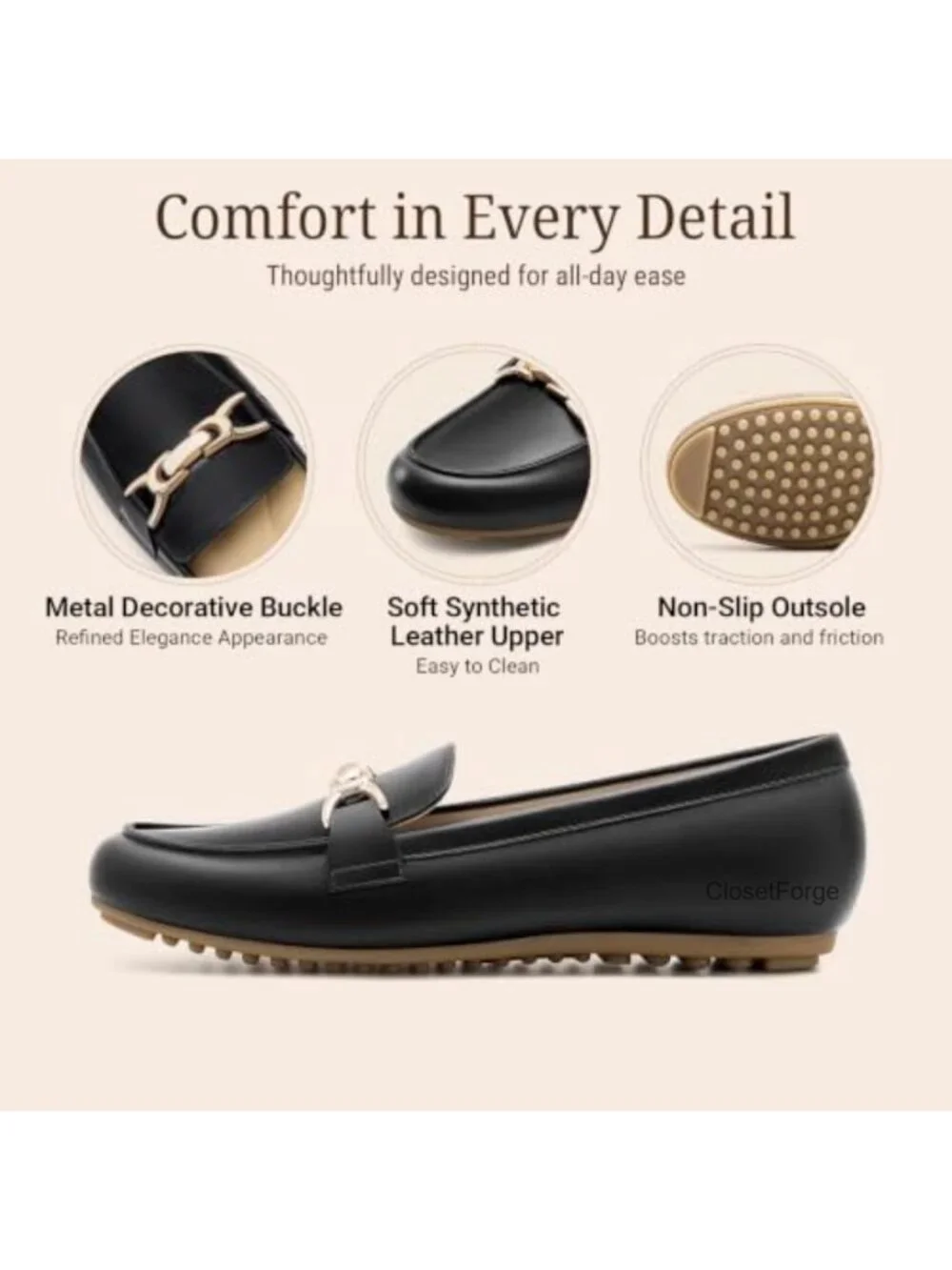 Faux Leather Gold Chain Loafers Women Slip On Flats Work Business Casual